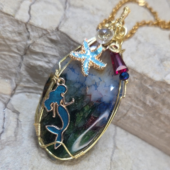 Hand Crafted Jewelry - Wirewrapped Multi Color Agate Stone Mermaid Pendant Necklace